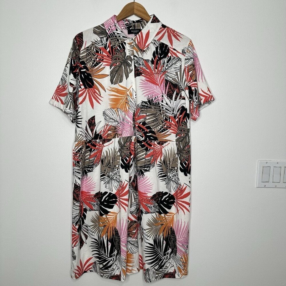 Bexleys‎ Woman Shirt Dress Size XL Tropical Palm Print Cotton Modal Blend Beach